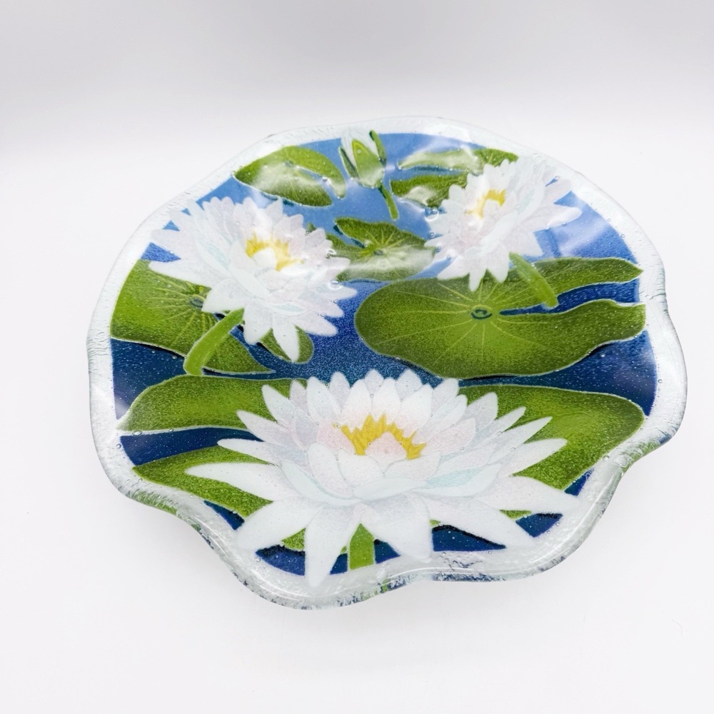 Peggy Karr PKG 2004 Fused Art Glass  Rare Water Lily Pad Fluted Bowl Signed